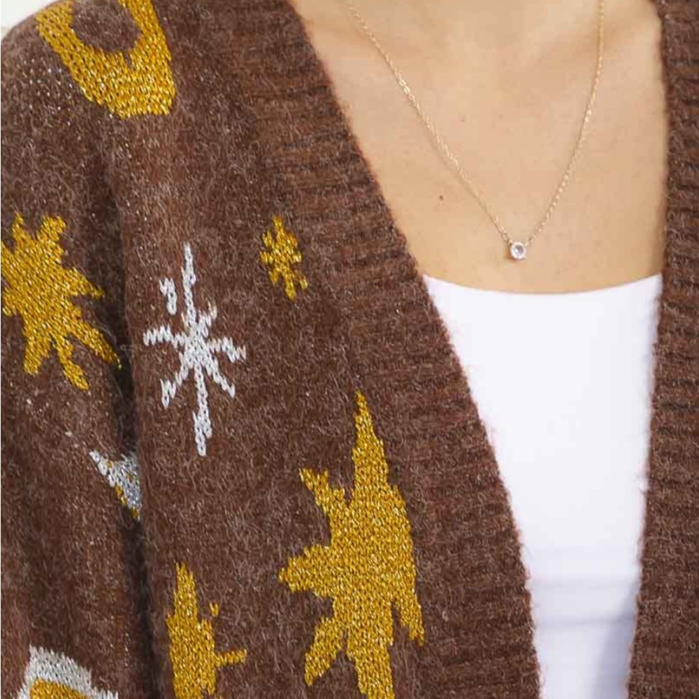 Brown Cardigan with Yellow and White Patterns - Picture 2 of 4